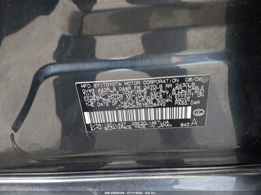 2007 Lexus Is 250 VIN JTHBK262575028492 IAAI salvage auction — FRONT END, Salvage (California), sold $600 on 2026-07-30 (photo 9)