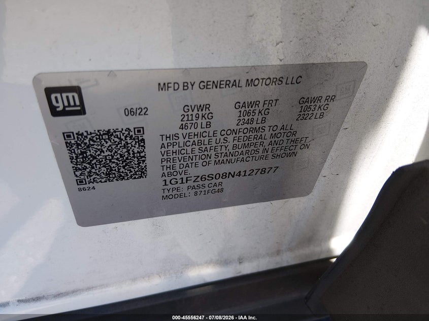 2022 Chevrolet Bolt euv VIN 1G1FZ6S08N4127877 IAAI salvage auction — FRONT END, Salvage Title, sold $5,450 on 2026-07-31 (photo 9)
