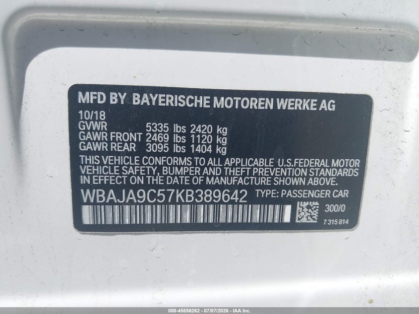 2019 BMW 5er VIN WBAJA9C57KB389642 IAAI salvage auction — LEFT REAR, Salvage (California), sold $6,000 on 2026-07-18 (photo 9)