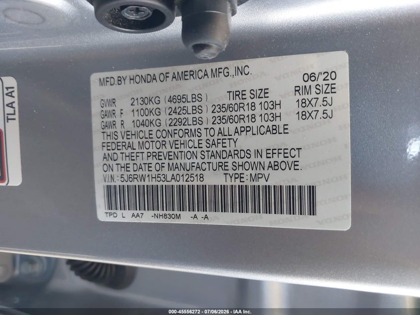 2020 Honda Cr-v VIN 5J6RW1H53LA012518 IAAI salvage auction — RIGHT FRONT, Salvage (California), sold $6,200 on 2026-07-31 (photo 9)