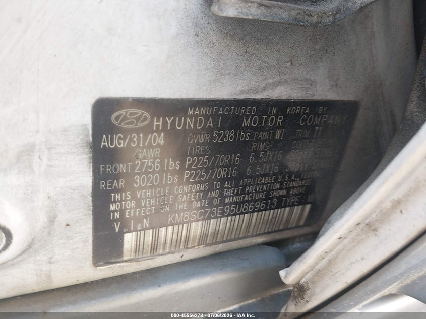 2005 Hyundai Santa fe VIN KM8SC73E95U869613 IAAI salvage auction — NORMAL WEAR, Clear (Mississippi), sold $250 on 2026-07-24 (photo 9)