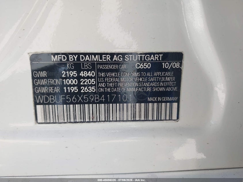2009 Mercedes-benz E-class VIN WDBUF56X59B417101 IAAI salvage auction — NORMAL WEAR, Clear - Dealer Only (California), sold $750 on 2026-07-15 (photo 9)