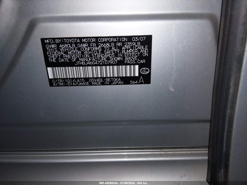 2007 Lexus Es 350 VIN JTHBJ46G472107907 IAAI salvage auction — REAR END, Salvage (Arizona), sold $25 on 2026-07-28 (photo 9)