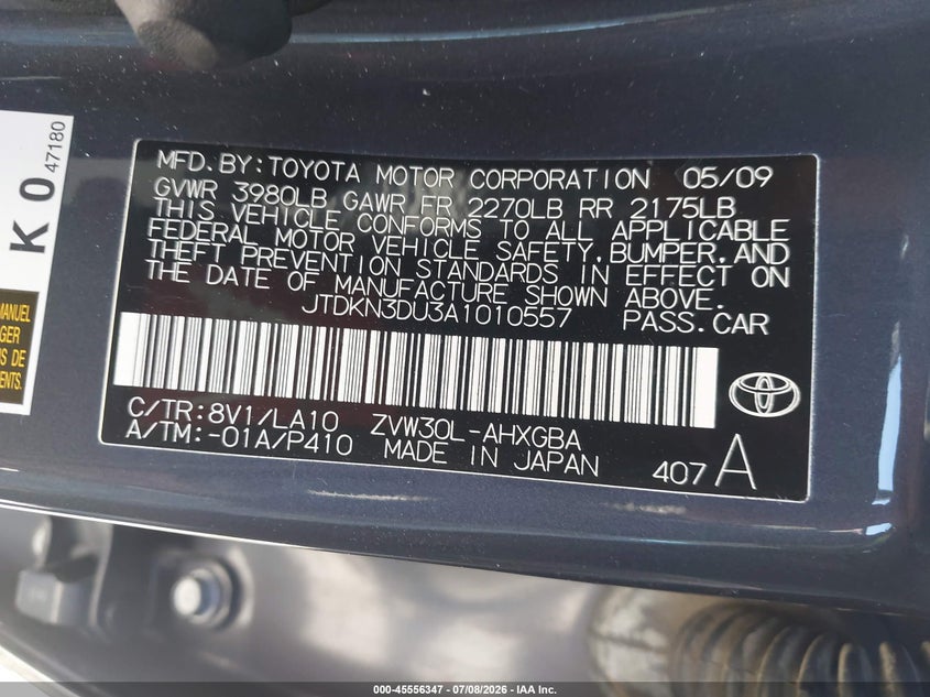 2010 Toyota Prius VIN JTDKN3DU3A1010557 IAAI salvage auction — FRONT END, Salvage (California), sold $1,400 on 2026-07-18 (photo 9)