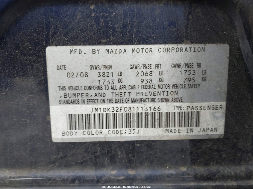 2008 Mazda 3 VIN JM1BK32F081113166 IAAI salvage auction — REAR END, Salvage (Pennsylvania), sold $200 on 2026-07-17 (photo 9)