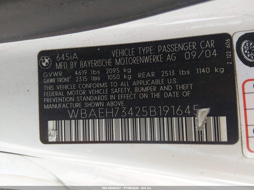 2005 BMW 6 series VIN WBAEH73425B191645 IAAI salvage auction — NORMAL WEAR, Clear (South Carolina), sold $475 on 2026-07-29 (photo 9)