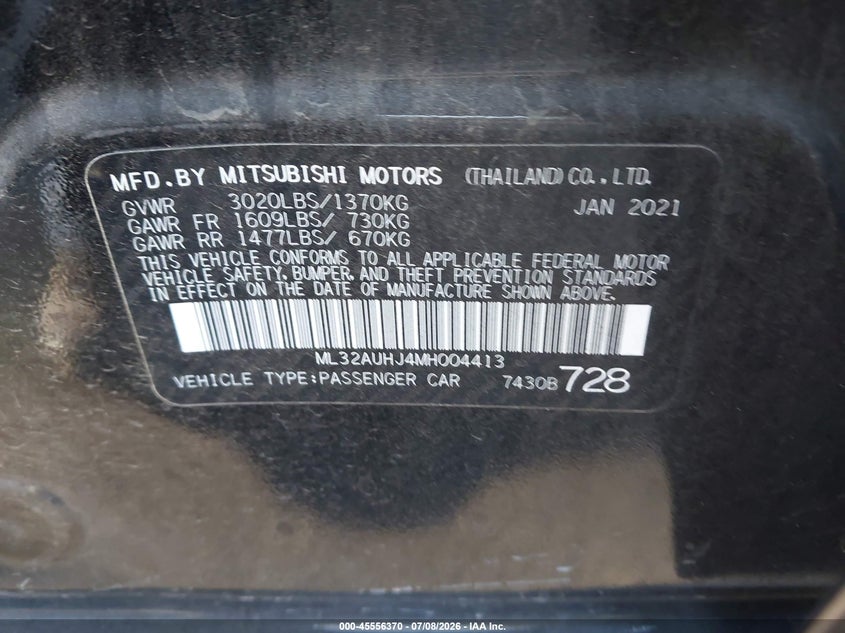 2021 Mitsubishi Mirage VIN ML32AUHJ4MH004413 IAAI salvage auction — LEFT SIDE, Salvage Certificate (California), sold $1,800 on 2026-07-31 (photo 9)