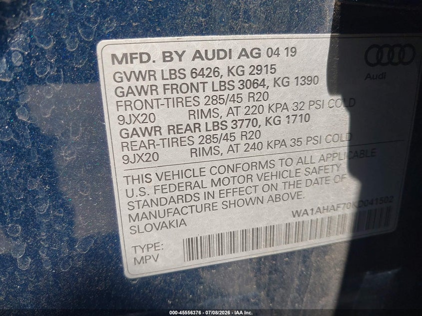 2019 Audi Q7 VIN WA1AHAF70KD041502 IAAI salvage auction — FRONT END, Salvage Title, sold $7,300 on 2026-07-24 (photo 9)