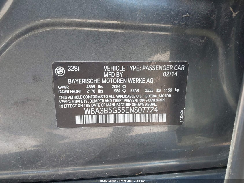 2014 BMW 3er VIN WBA3B5G55ENS07724 IAAI salvage auction — TRANSMISSION, Salvage Title, sold $675 on 2026-07-30 (photo 9)