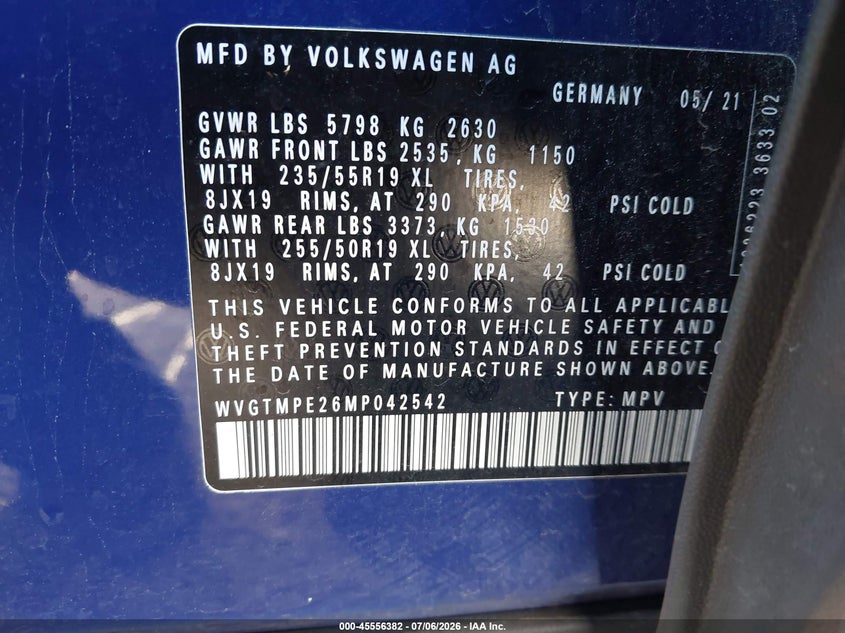 2021 Volkswagen Id.4 VIN WVGTMPE26MP042542 IAAI salvage auction — REAR END, Salvage (California), sold $9,950 on 2026-08-31 (photo 9)