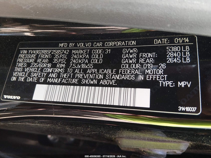 2015 Volvo Xc60 VIN YV4902RB5F2585742 IAAI salvage auction — RIGHT REAR, Clear (Massachusetts), sold $1,600 on 2026-07-28 (photo 9)