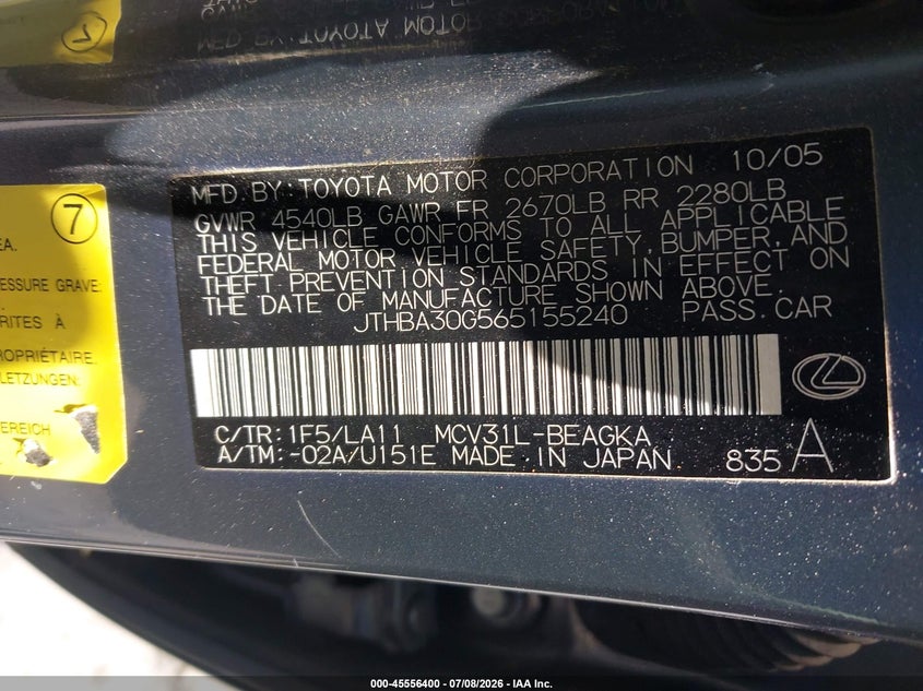 2006 Lexus Es 330 VIN JTHBA30G565155240 IAAI salvage auction — FRONT END, Salvage (California), sold $25 on 2026-07-29 (photo 9)