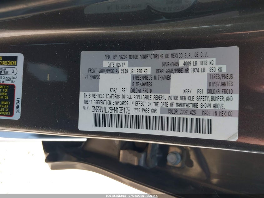 2017 Mazda 3 VIN 3MZBN1L78HM135175 IAAI salvage auction — REAR END, Salvage (Texas), sold $1,700 on 2026-07-25 (photo 9)
