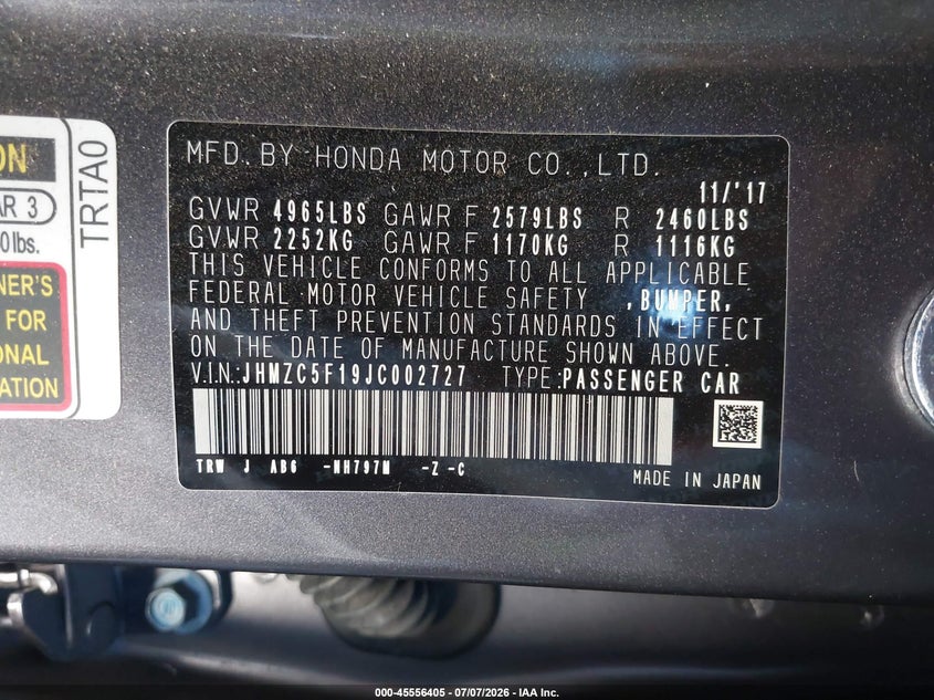 2018 Honda Clarity VIN JHMZC5F19JC002727 IAAI salvage auction — RIGHT FRONT, Salvage (California), sold $25 on 2026-07-29 (photo 9)