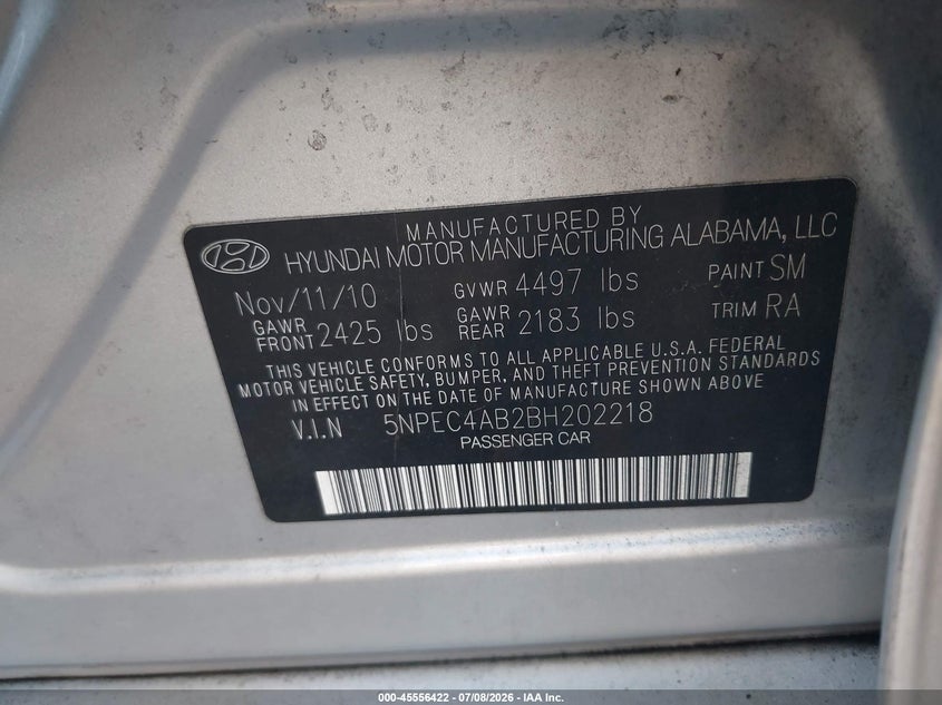 2011 Hyundai Sonata VIN 5NPEC4AB2BH202218 IAAI salvage auction — FRONT END, Rebuildable (Florida), sold $450 on 2026-07-28 (photo 9)