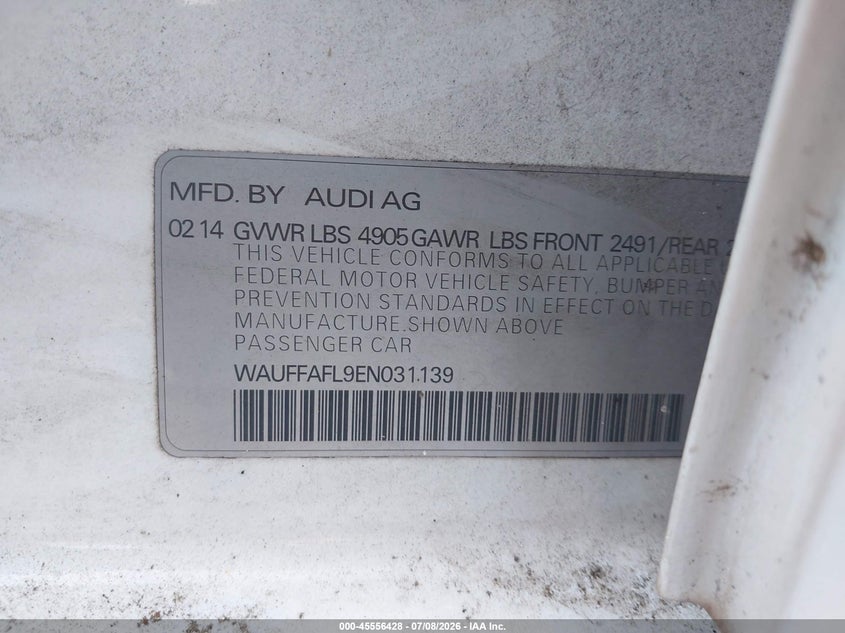 2014 Audi A4 VIN WAUFFAFL9EN031139 IAAI salvage auction — NORMAL WEAR, Clear (Florida), sold $1,150 on 2026-07-14 (photo 9)