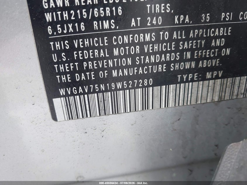 2009 Volkswagen Tiguan VIN WVGAV75N19W527280 IAAI salvage auction — NORMAL WEAR, Clear (New York), sold $275 on 2026-07-28 (photo 9)