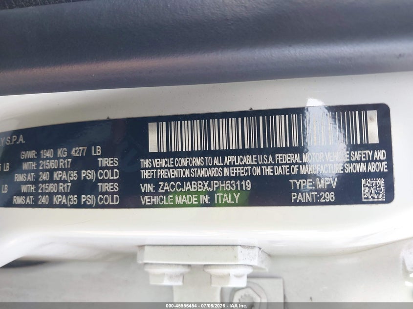 2018 Jeep Renegade VIN ZACCJABBXJPH63119 IAAI salvage auction — FRONT END, Rebuildable (Florida), sold $825 on 2026-07-28 (photo 9)