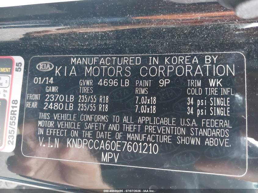 2014 Kia Sportage VIN KNDPCCA60E7601210 IAAI salvage auction — NORMAL WEAR, Clear (Virginia), sold $1,150 on 2026-07-15 (photo 9)