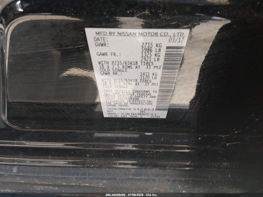 2017 Infiniti Qx60 VIN 5N1DL0MN7HC542863 IAAI salvage auction — NORMAL WEAR, Original (Texas), sold $1,500 on 2026-07-31 (photo 9)