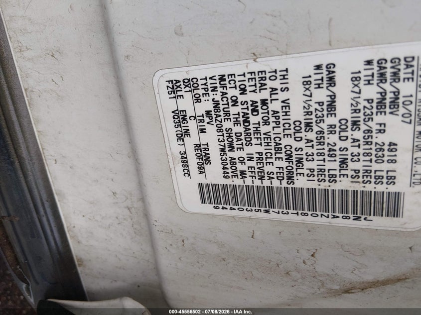 2007 Nissan Murano VIN JN8AZ08T37W530449 IAAI salvage auction — REAR END, Parts Only Bos (Minnesota), sold $275 on 2026-07-20 (photo 9)