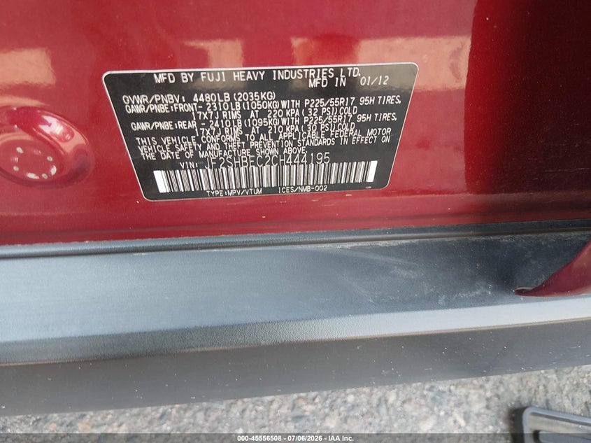 2012 Subaru Forester VIN JF2SHBEC2CH444195 IAAI salvage auction — NORMAL WEAR, Clear (Colorado), sold $1,950 on 2026-07-14 (photo 9)