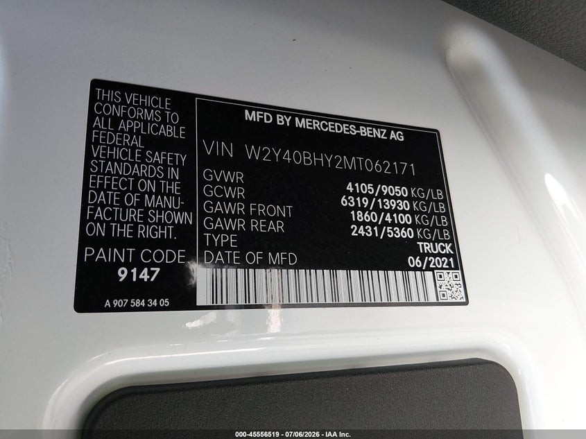2021 Freightliner Sprinter 2500 VIN W2Y40BHY2MT062171 IAAI salvage auction — NORMAL WEAR, Original  (Oklahoma), sold $15,700 on 2026-07-27 (photo 9)