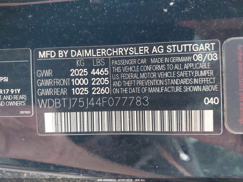 2004 Mercedes-benz Clk-class VIN WDBTJ75J44F077783 IAAI salvage auction — NORMAL WEAR, Clear (New York), sold $550 on 2026-07-28 (photo 9)