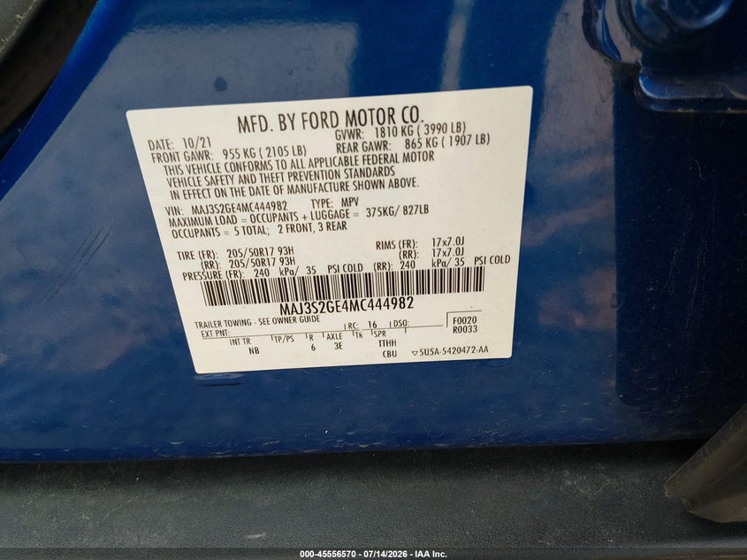 2021 Ford Ecosport VIN MAJ3S2GE4MC444982 IAAI salvage auction — FRONT END, Salvage Title, sold $775 on 2026-07-28 (photo 9)