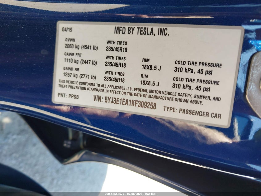 2019 Tesla Model 3 VIN 5YJ3E1EA1KF309258 IAAI salvage auction — REAR END, Salvage (California), sold $5,200 on 2026-08-01 (photo 9)