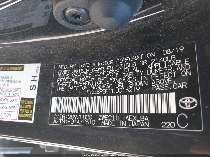 2020 Toyota Corolla VIN JTDEBRBE2LJ018219 IAAI salvage auction — RIGHT SIDE, Salvage (California), sold $25 on 2026-07-29 (photo 9)
