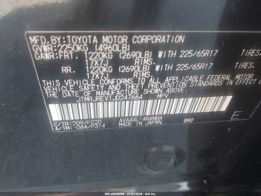 2018 Toyota Rav 4 VIN JTMRJREV1JD247664 IAAI salvage auction — SIDE, Junk Bill Of Sale Mv2459 (Wisconsin), sold $25 on 2026-07-28 (photo 9)