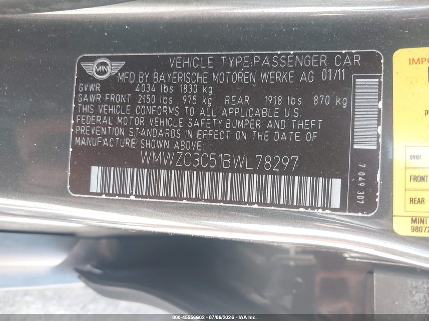2011 Mini Cooper VIN WMWZC3C51BWL78297 IAAI salvage auction — RIGHT SIDE, Affidavit In Lieu Of Title (Washington), sold $1,150 on 2026-07-29 (photo 9)