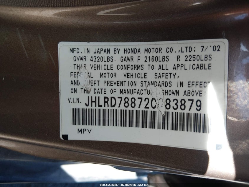 2002 Honda Cr-v VIN JHLRD78872C083879 IAAI salvage auction — NORMAL WEAR, Duplicate Paperwork (California), sold $300 on 2026-07-09 (photo 9)