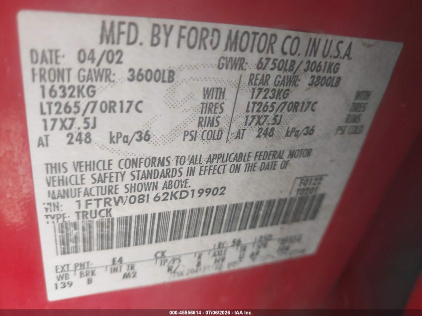2002 Ford F-150 VIN 1FTRW08L62KD19902 IAAI salvage auction — NORMAL WEAR, Clear (Utah), sold $1,200 on 2026-07-09 (photo 9)