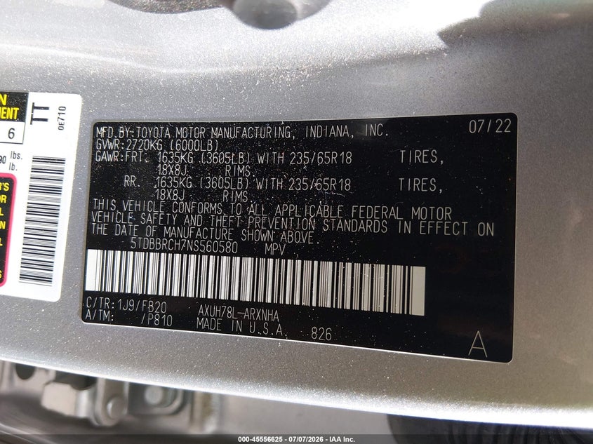 2022 Toyota Highlander VIN 5TDBBRCH7NS560580 IAAI salvage auction — REAR END, Salvage Title, sold $13,200 on 2026-08-25 (photo 9)