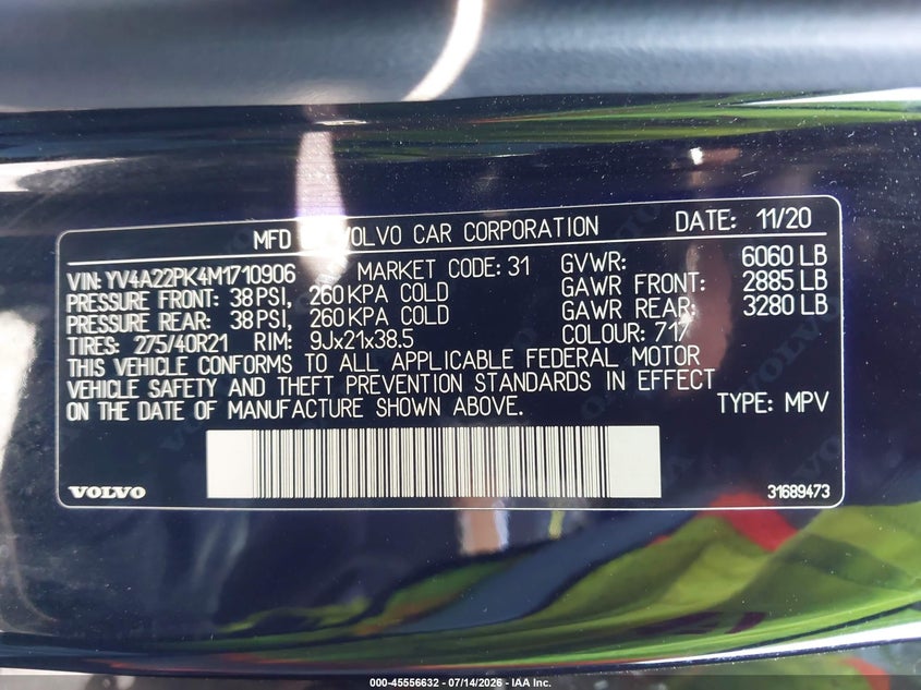 2021 Volvo Xc90 VIN YV4A22PK4M1710906 IAAI salvage auction — REAR END, Salvage Title, sold $2,350 on 2026-07-27 (photo 9)