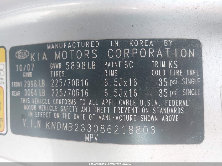 2008 Kia SEDONA VIN KNDMB233086218803 IAAI salvage auction — NORMAL WEAR, Clear (Illinois), sold $275 on 2026-07-28 (photo 9)