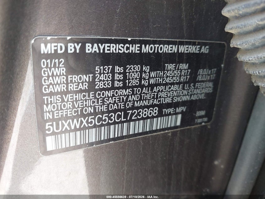 2012 BMW X3 VIN 5UXWX5C53CL723868 IAAI salvage auction — NORMAL WEAR, Clear (New York), sold $1,000 on 2026-07-23 (photo 9)