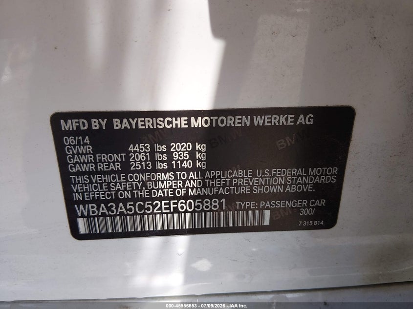 2014 BMW 3er VIN WBA3A5C52EF605881 IAAI salvage auction — FRONT END, Salvage (Alabama), sold $1,200 on 2026-08-12 (photo 9)