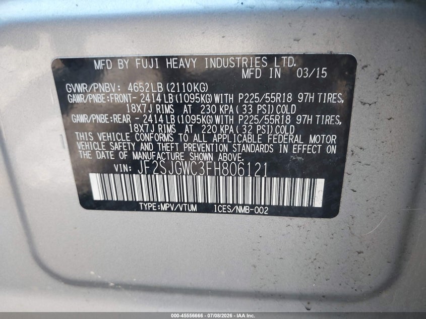 2015 Subaru Forester VIN JF2SJGWC3FH806121 IAAI salvage auction — NORMAL WEAR, Clear (Oregon), sold $1,850 on 2026-07-21 (photo 9)