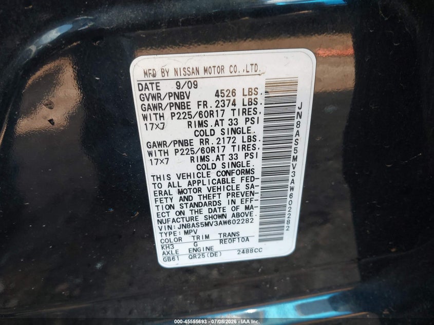 2010 Nissan Rogue VIN JN8AS5MV3AW602282 IAAI salvage auction — FRONT END, Salvage (Alabama), sold $275 on 2026-08-01 (photo 9)