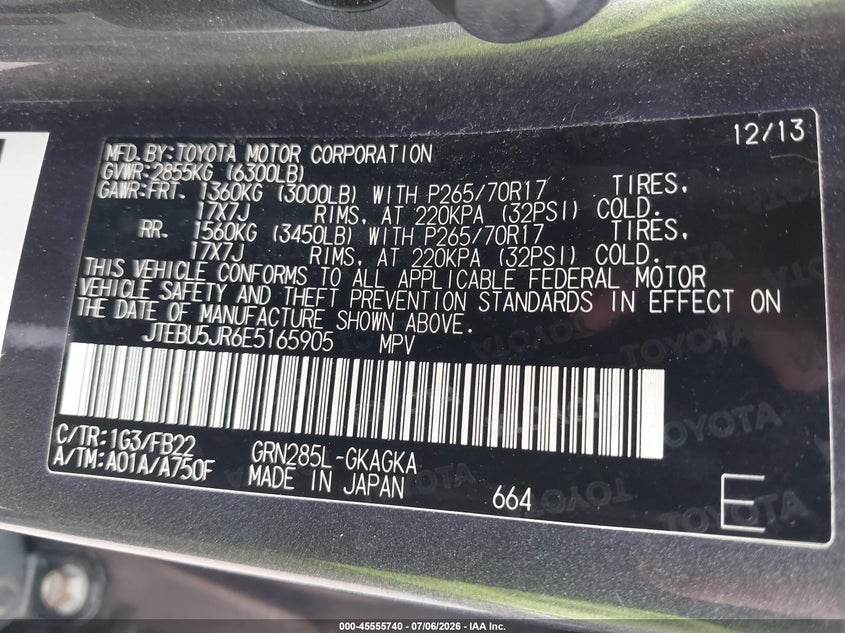 2014 Toyota 4runner VIN JTEBU5JR6E5165905 IAAI salvage auction — WATER/FLOOD, Salvage Title, sold $6,000 on 2026-07-25 (photo 9)