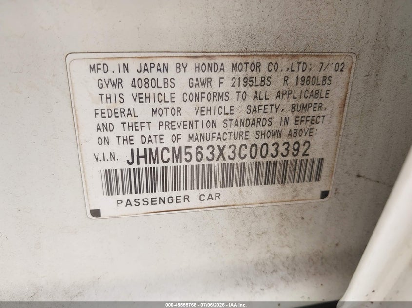 2003 Honda Accord VIN JHMCM563X3C003392 IAAI salvage auction — NORMAL WEAR, Clear (Georgia), sold $250 on 2026-07-28 (photo 9)