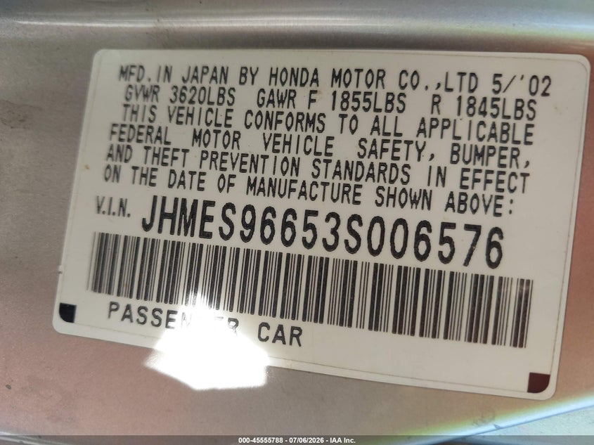 2003 Honda Civic hybrid VIN JHMES96653S006576 IAAI salvage auction — NORMAL WEAR, Clear - Dealer Only (California), sold $250 on 2026-07-28 (photo 9)