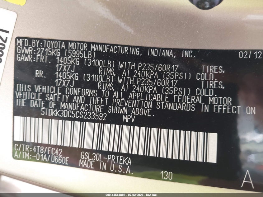 2012 Toyota Sienna VIN 5TDKK3DC5CS233592 IAAI salvage auction — LEFT & RIGHT, Clear (Florida), sold $400 on 2026-07-09 (photo 9)