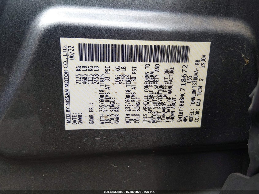 2022 Nissan Rogue VIN 5N1BT3BB8NC718672 IAAI salvage auction — REAR END, Salvage Title, sold $9,800 on 2026-09-07 (photo 9)