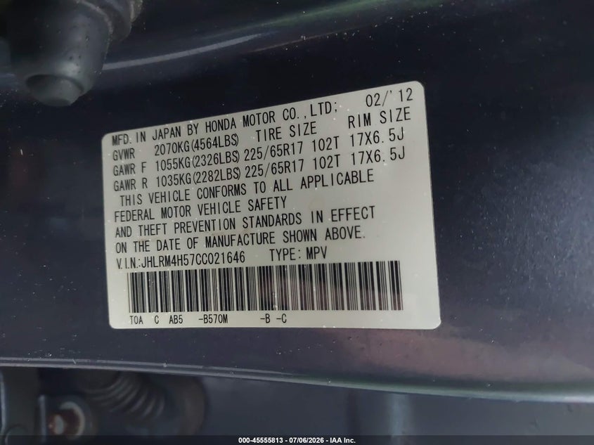 2012 Honda Cr-v VIN JHLRM4H57CC021646 IAAI salvage auction — NORMAL WEAR, Clear (New York), sold $2,400 on 2026-07-14 (photo 9)