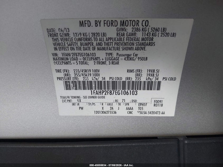 2014 Ford Taurus VIN 1FAHP2F87EG106103 IAAI salvage auction — UNKNOWN, Salvage Title, sold $300 on 2026-07-11 (photo 9)