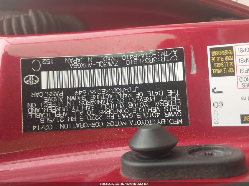 2014 Toyota Prius VIN JTDKN3DU4E0361649 IAAI salvage auction — NORMAL WEAR, Salvage Title, sold $4,650 on 2026-07-17 (photo 9)